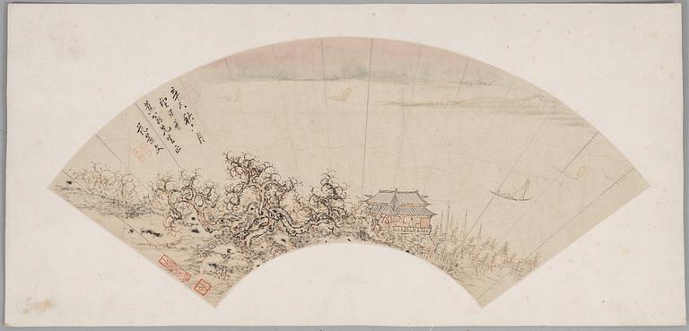 Oidentifierad konstnär, s.k. "Solfjädersmålning", Paviljong i kustlandskap, Kina, 1900-tal.