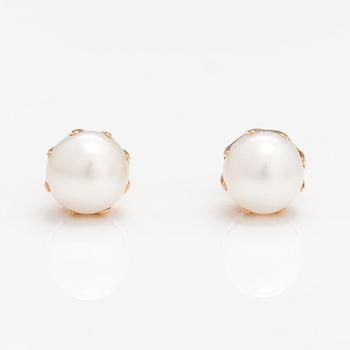 A pair of 14K gold earrings with cultured pearls.