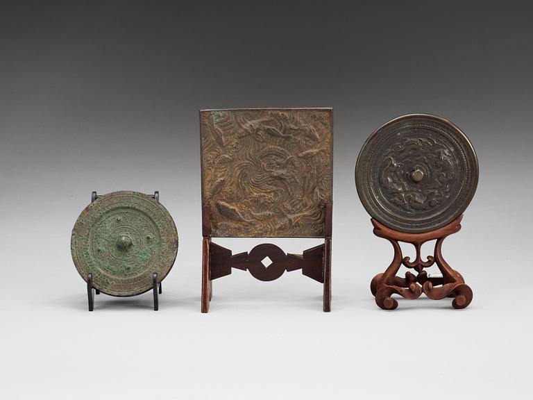 A set of three bronze mirrors, Ming dynasty and later.