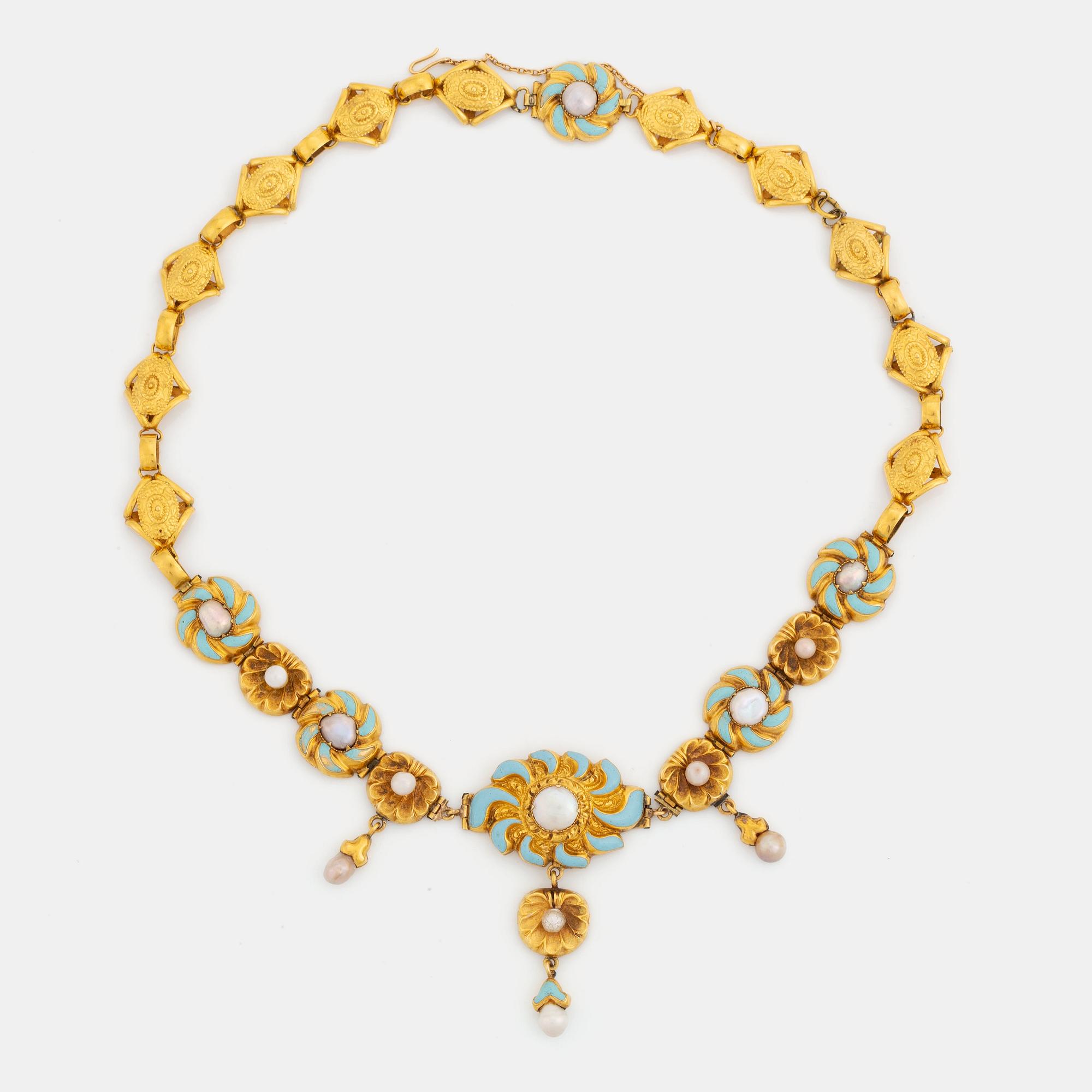 An 18K gold and enamel necklace set with pearls and half pearls.
