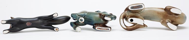 Three Gunnar Nylund stoneware figures, a deer, a fox and a ferret,