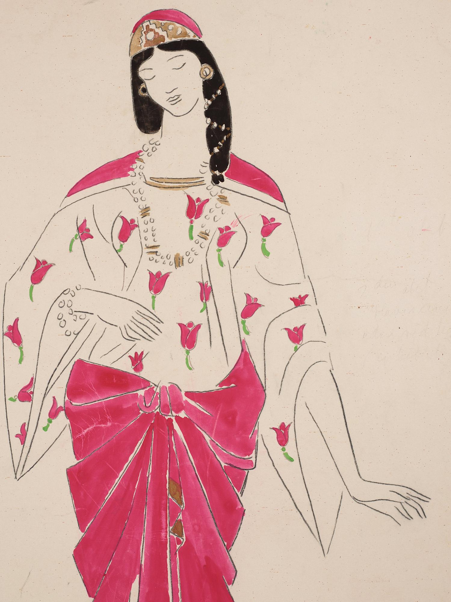 Isaac Grünewald, Costume sketch - woman in a dress with rose pattern.