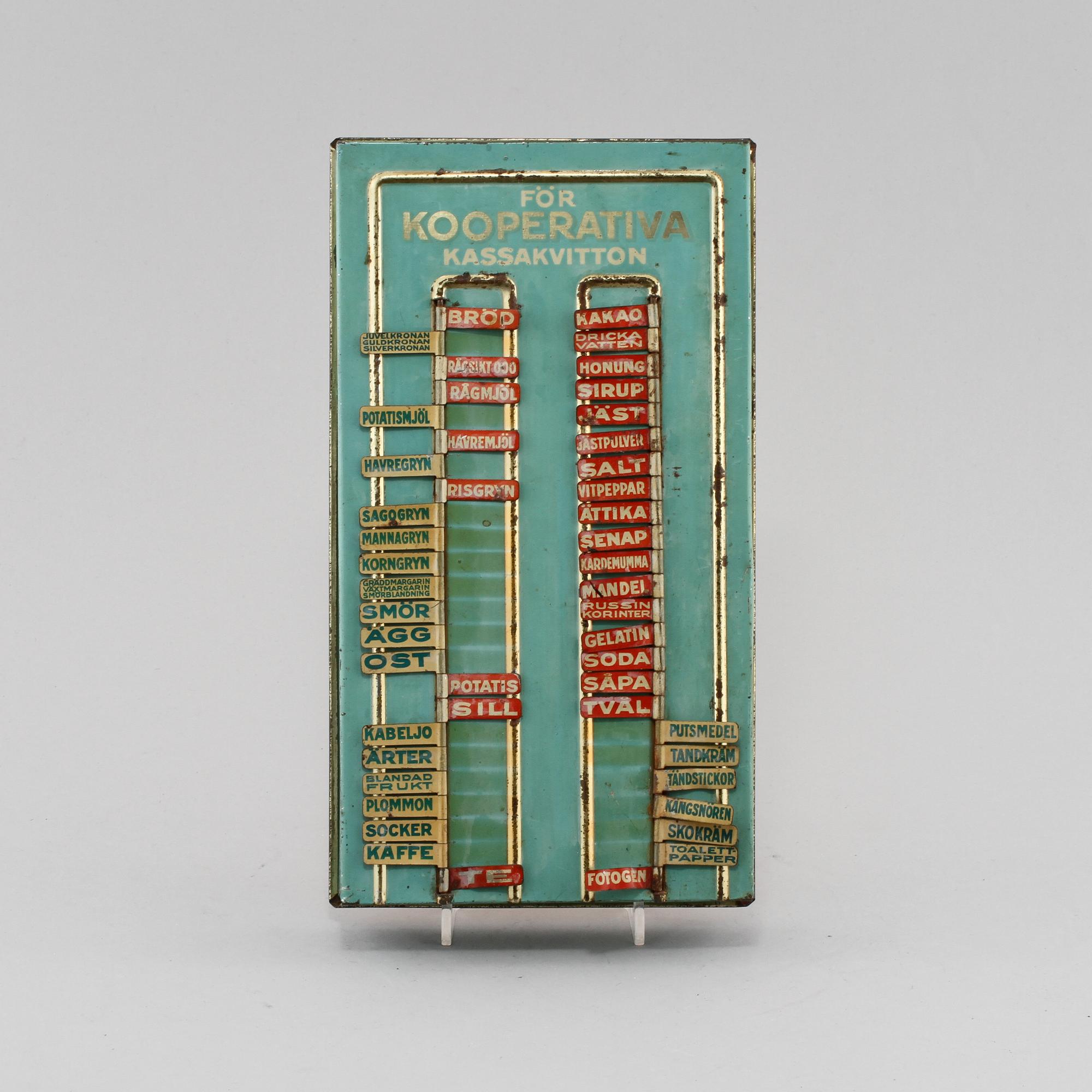 INKÖPSTAVLA TILL HUSHÅLLET, plåt, 1930/40-tal.