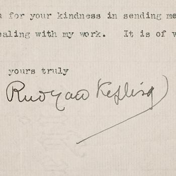 RUDYARD KIPLING (1865-1936), brev med egenhändig namnteckning, dat Burwash Etchingham nov 22 1912.