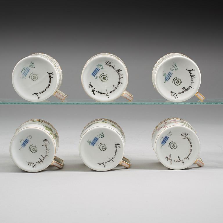 A set of six Royal Copenhagen 'Flora Danica' coffee cups with saucers, Denmark, 20th Century.