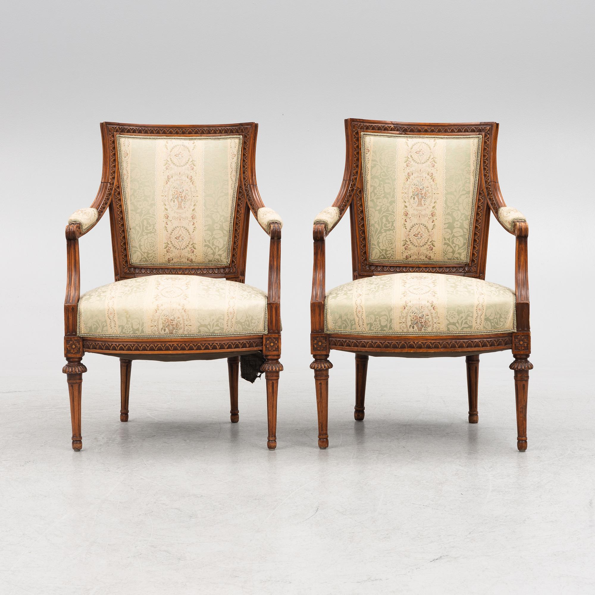 A pair of late Gustavian open armchairs, Stockholm, late 18th century.