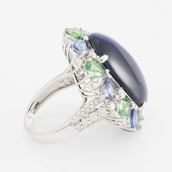 Ring, 18K white gold with opal, tsavorite, sapphire, and brilliant-cut diamonds.