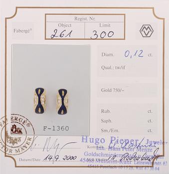 ÖRHÄNGEN, 18K guld med 6 briljantslipade diamanter 0.12 ct och blå emalj, Fabergé, modell F1360 nr 261/300. Vikt 9,5 g.