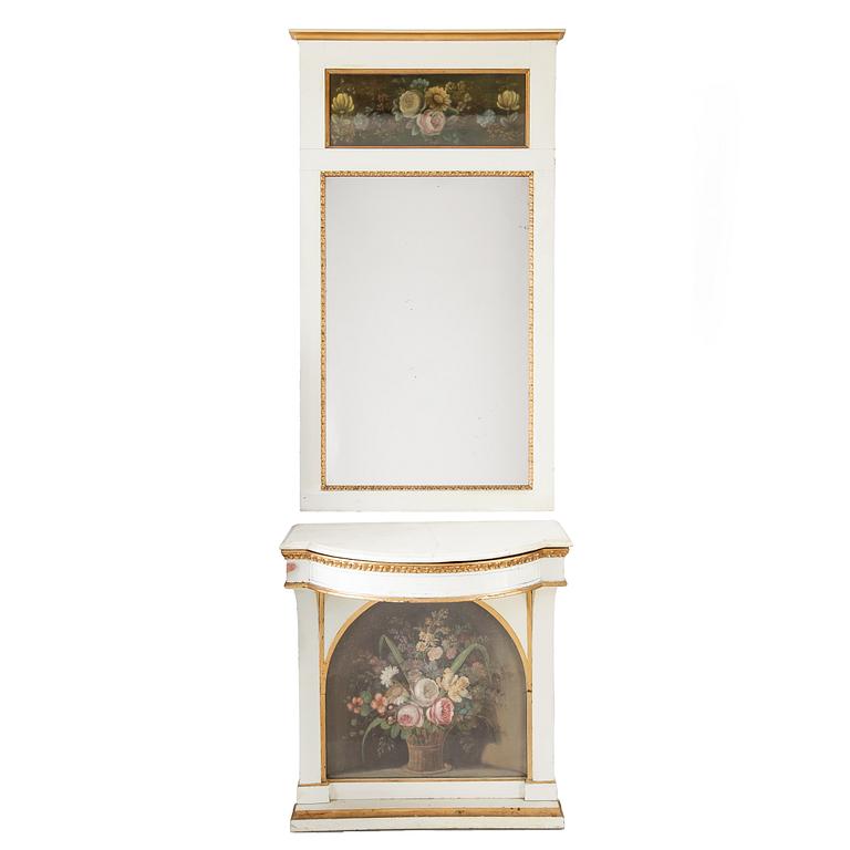 SPEGEL med KONSOLBORD, sengustaviansk stil, omkring sekelskiftet 1900.