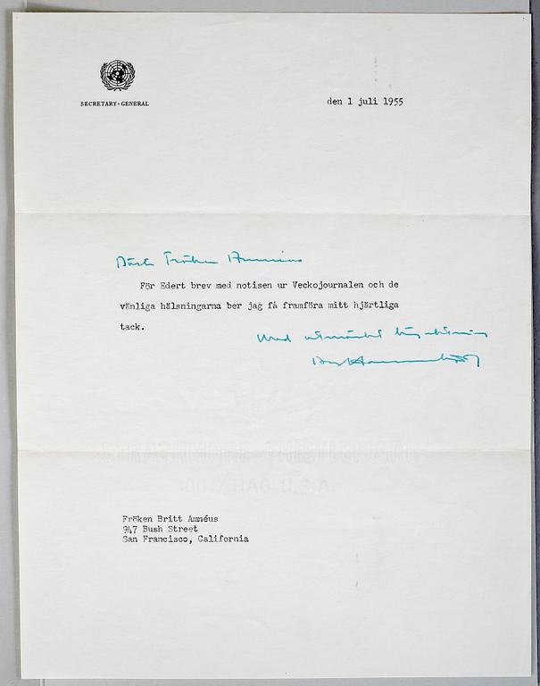 DAG HAMMARSKJÖLD (1905-61), brev med egenhändig hälsning och namnteckning, daterat 1 juli 1955.