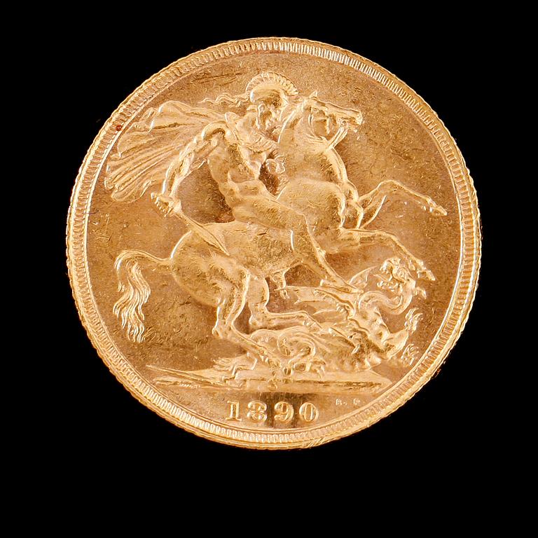 GULDMYNT, sovereign, Victoria, 1890. Vikt ca 8 gram.