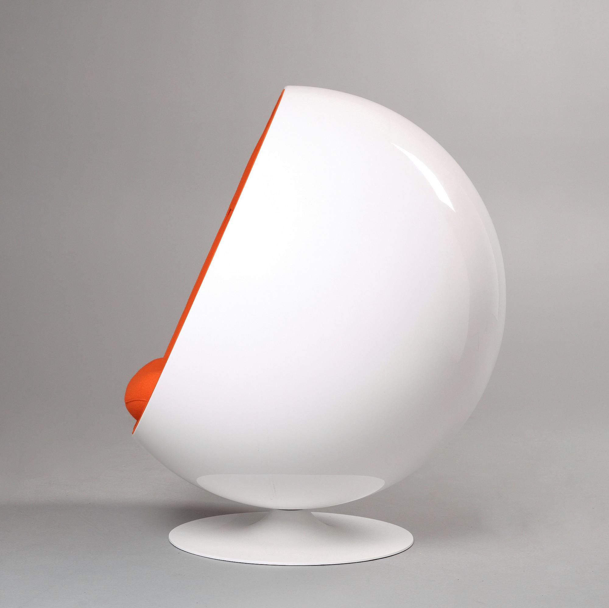 An Eero Aarnio white fiberglass and orange fabric 'Ball chair', by Adelta, Finland, post 1991.