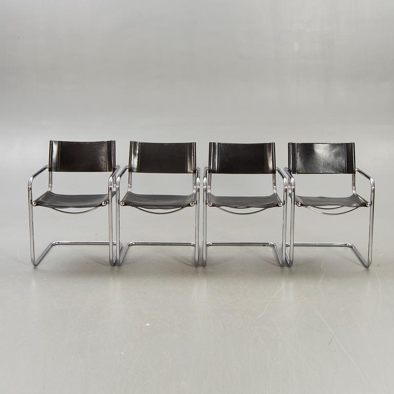 A set of four Italian chrome and leather chairs later part of the 20th century.