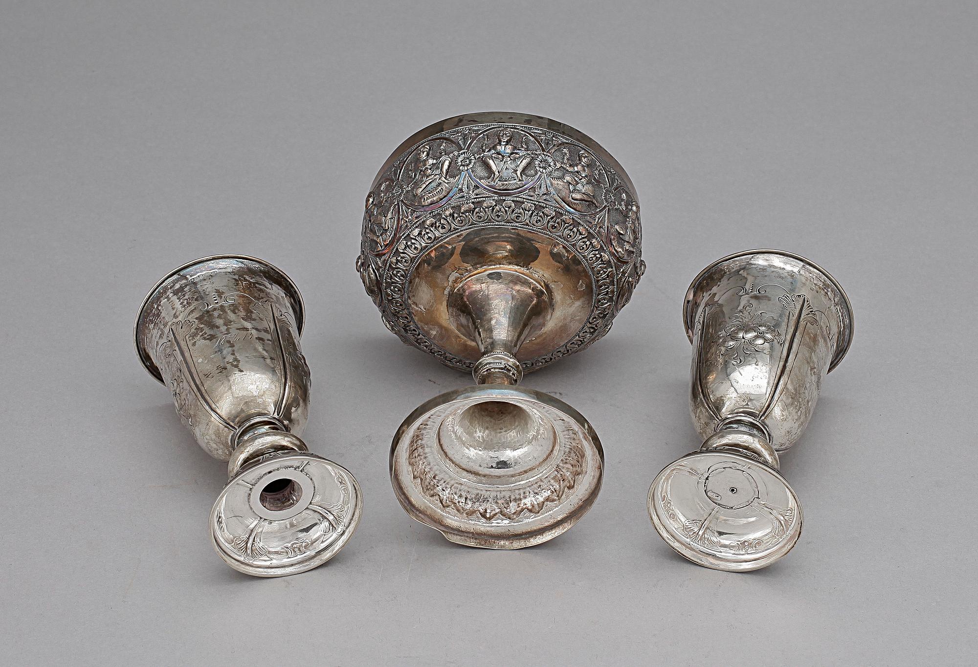 BÄGARE, silver, 3 st, bla Gustaf Dahlgren, Malmö, 1874, vikt 391,9.