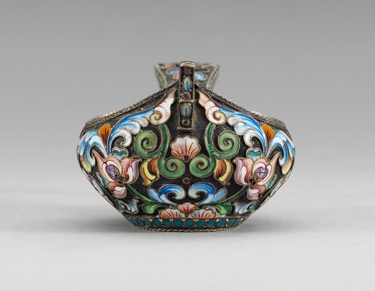 A RUSSIAN SILVER-GILT AND ENAMEL KOVSH, makers mark of the 20th Artel, Moscow 1908-1917.