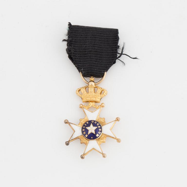 A gilded metal Miniature of the The Royal Swedish Order of the Polar Star with black ribbon.