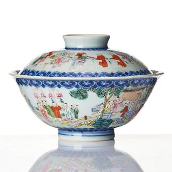 A famille rose 'boys at play' cup with cover, Qing dynasty, Qianlong mark.