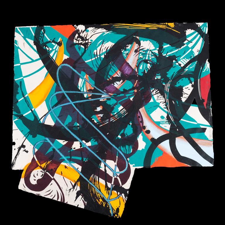 Steven Sorman, handcoloured linocut, signed and dated 1989, numbered ap 4.