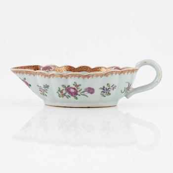 A famille rose dish, sauce boat and bowl, Qing dynasty, 18th Century.