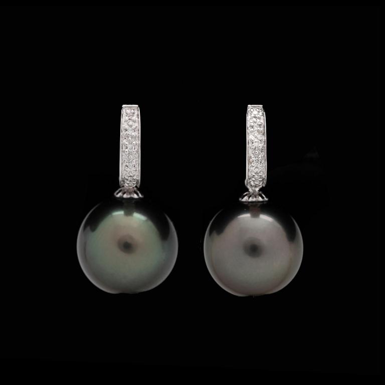 A pair of cultured Tahiti pearl earrings, 13 mm, set with brilliant cut diamonds, tot. app. 0.10 ct.