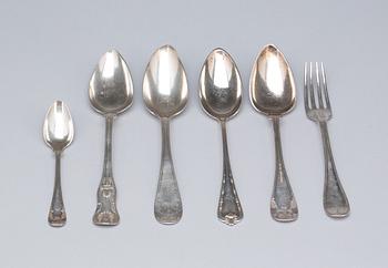 PARTI BESTICK,11 delar, silver, udda modeller, 1800-tal, en 1900-talets början. Total vikt ca 655 g.