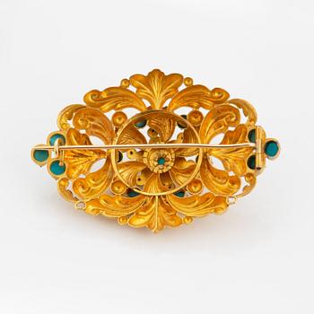 Garnityr, brosch samt örhängen, guld med turkoser. Empire.