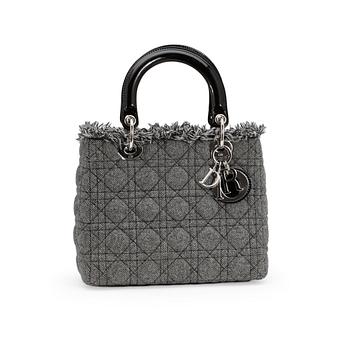 CHRISTIAN DIOR, a a grey fabric leather "Lady Dior" bag.