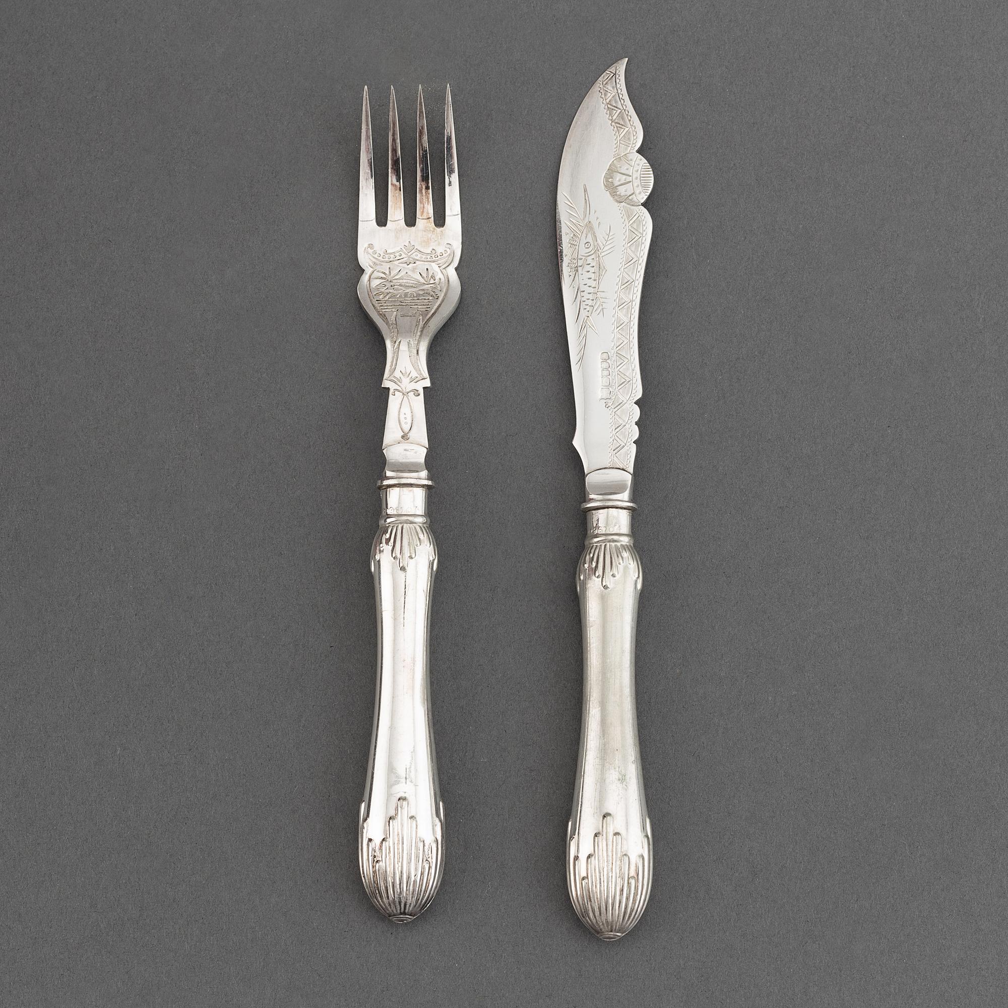 Fiskbestick, 24 st, nysilver, England, 1900-tal.