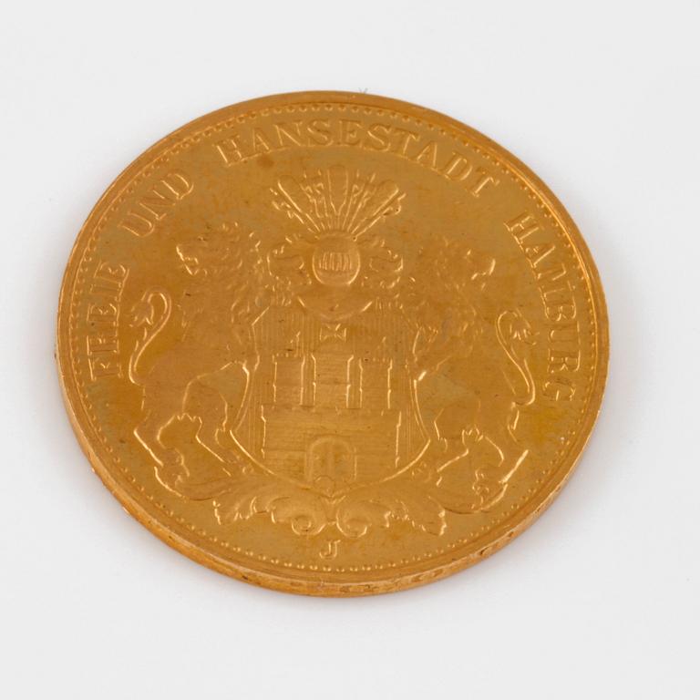 GULDMYNT, 20 mark, Tyskland, 1905, vikt 8 g.