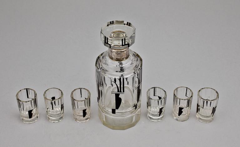 KARAFF samt GLAS, 6 st, glas, Art deco omkring år 1930.