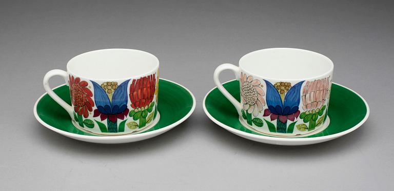 TEKOPPAR med FAT,6 st, porslin. Stig Lindberg, Gustavsberg 1970-tal. Tahiti.