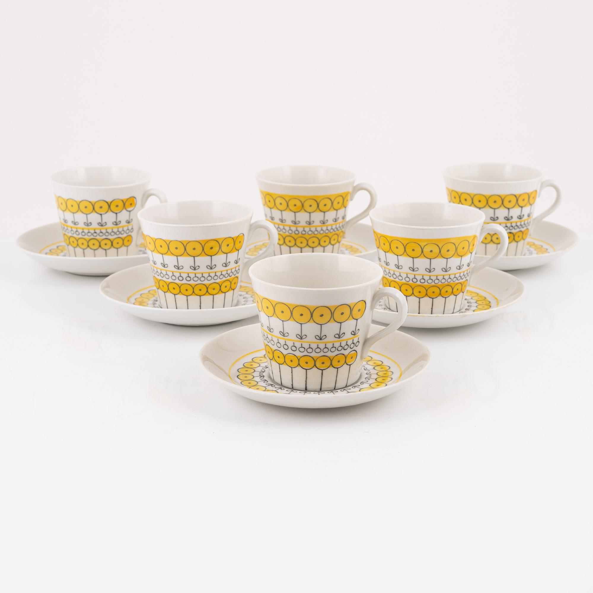 Berit Ternell, a set of six porcelain teacups with saucers, Upsala-Ekeby 1960-62.