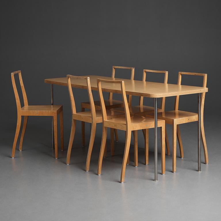 Jasper Morrison, a dining table and six birch laminate "Ply chairs / Open back" by Jasper Morrison, Vitra, 1988-89.