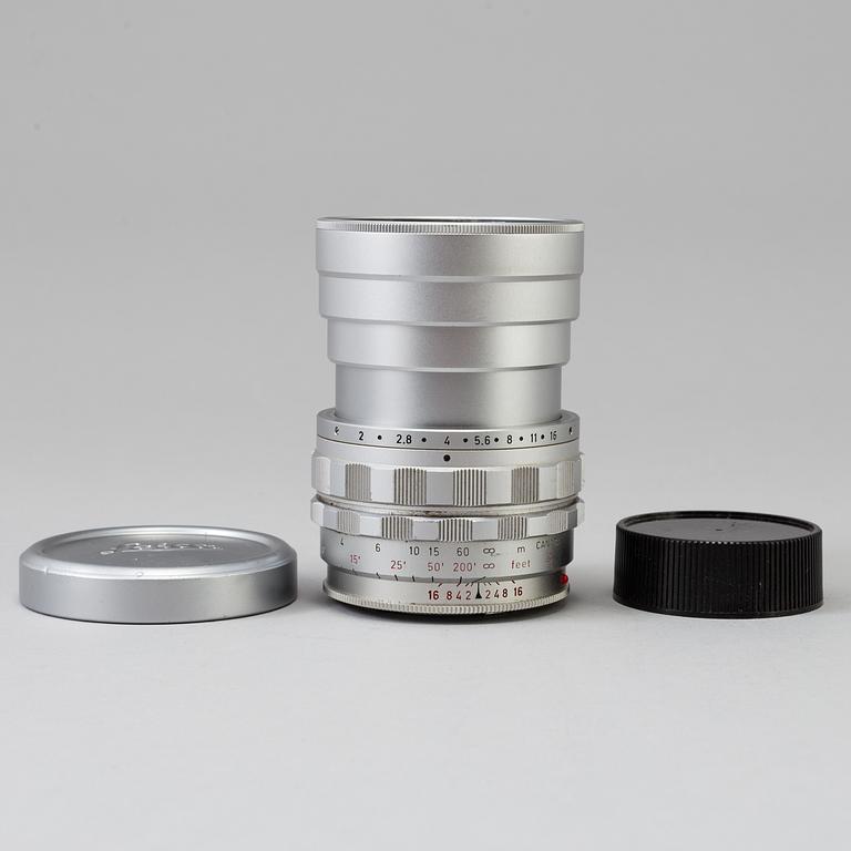 a Chrome Leica Summicron 1:2/90 no 1743142, formgivet av Walter Mandler, Leitz Canada. Med Visoflex.