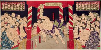 HASEGAWA SANAOBU (1810-78), triptyk, color woodblock print. Japan, Meiji (1868-1912). 'Umegatani vs Hibirya'.