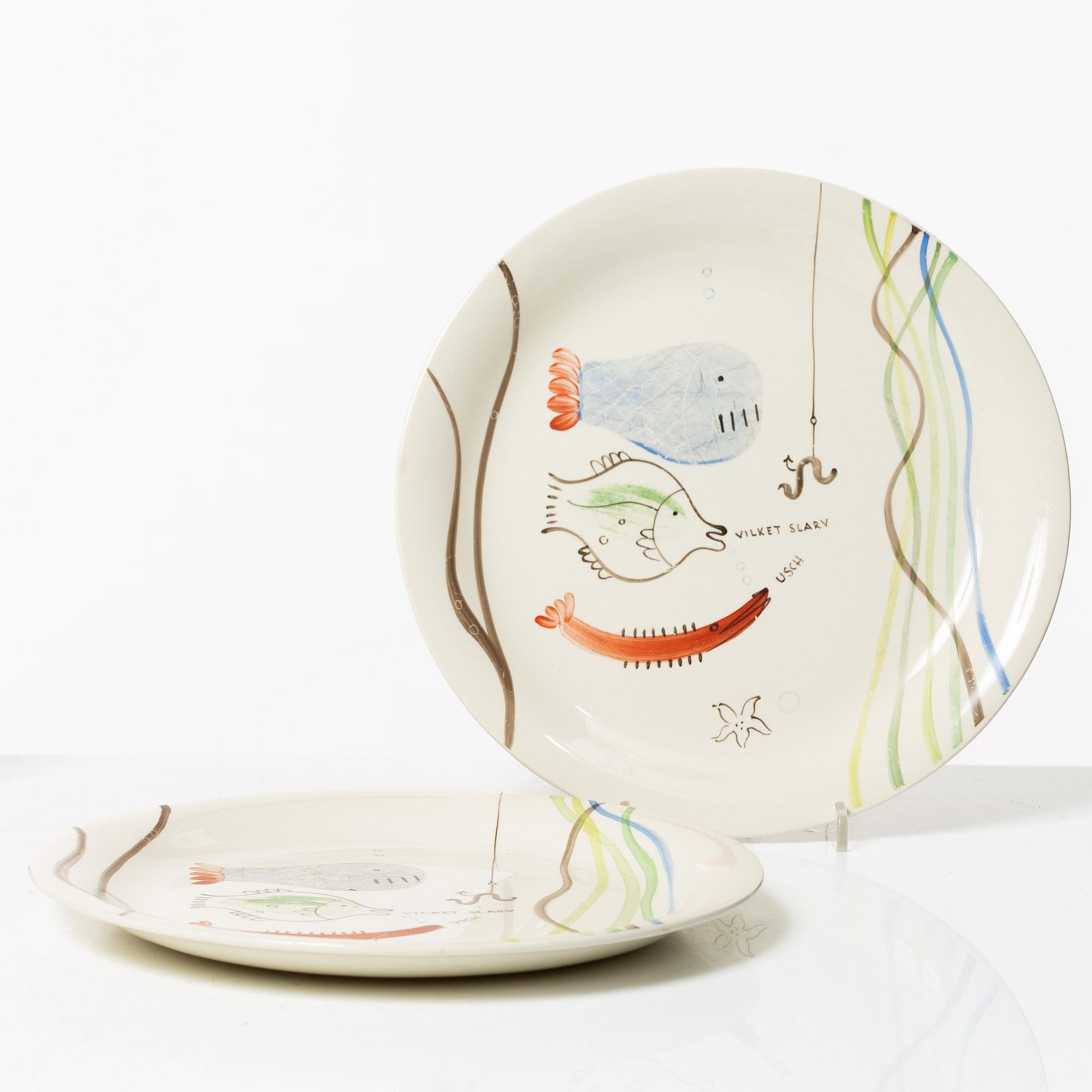 Stig Lindberg, plates 9 pcs, "Löja", Gustavsberg 1948-62.