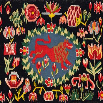 Åkdyna, "Rött Lejon", flamskväv, 140 x 50 cm, sydvästra Skåne, tidigt 1900-tal.