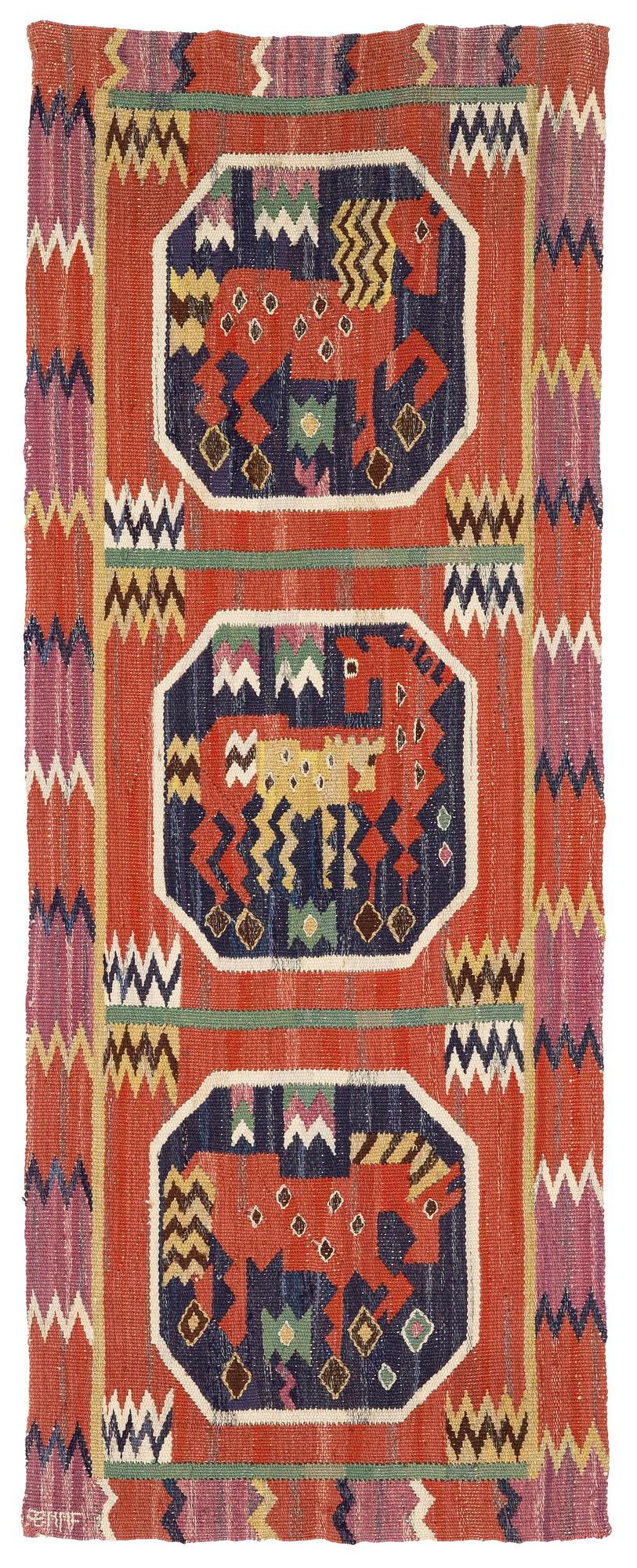 Märta Måås-Fjetterström, vävnad, "Röd häst", gobelängteknik, ca 148 x 57 cm, signerad AB MMF.