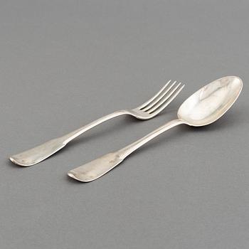 Six Swiss silver table spoons and table forks (3+3), Lausanne 18t century.