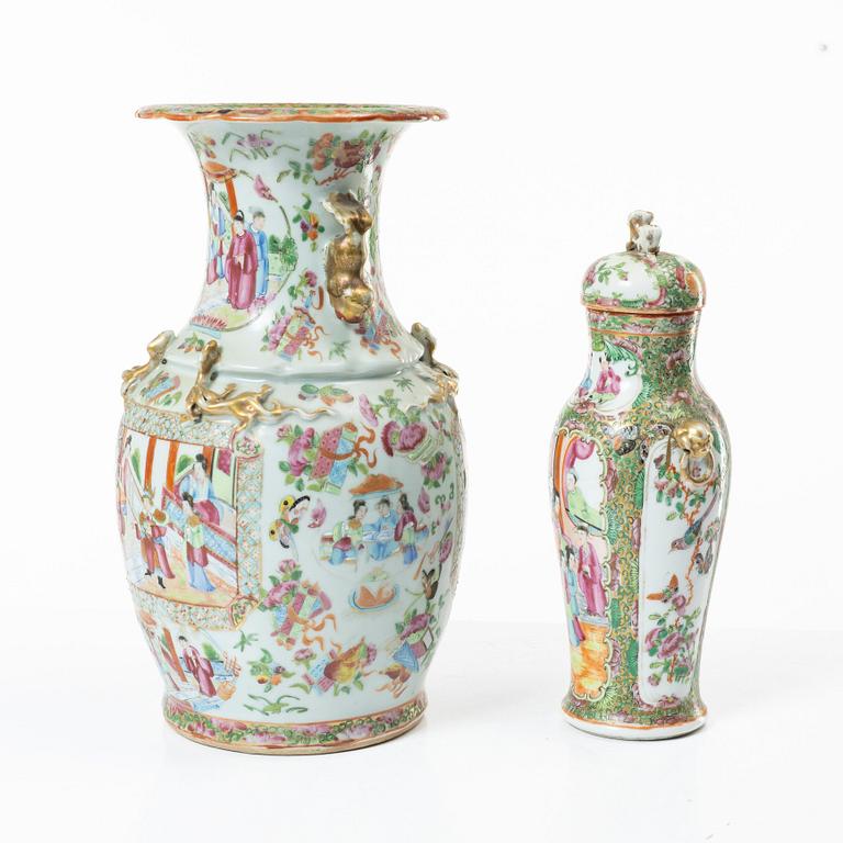 A famille rose vase with cover and a vase, Qing dynasty, Kanton, 19th century.