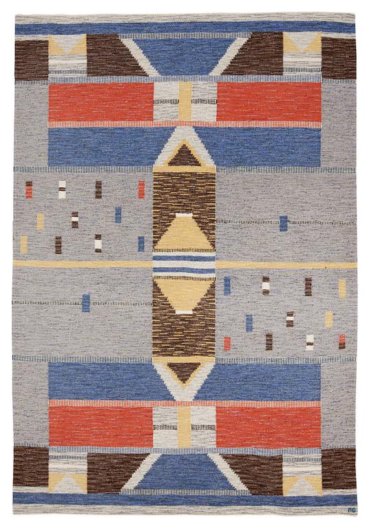 CARPET. Rölakan (flat weave). 302 x 203  cm. Signed MG. Sweden around 1960.