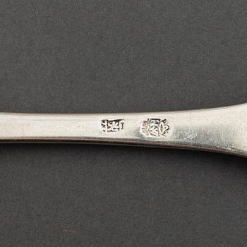 A matched set of nine 18th century silver spoons, marked Basel and Naunur (Belgum).