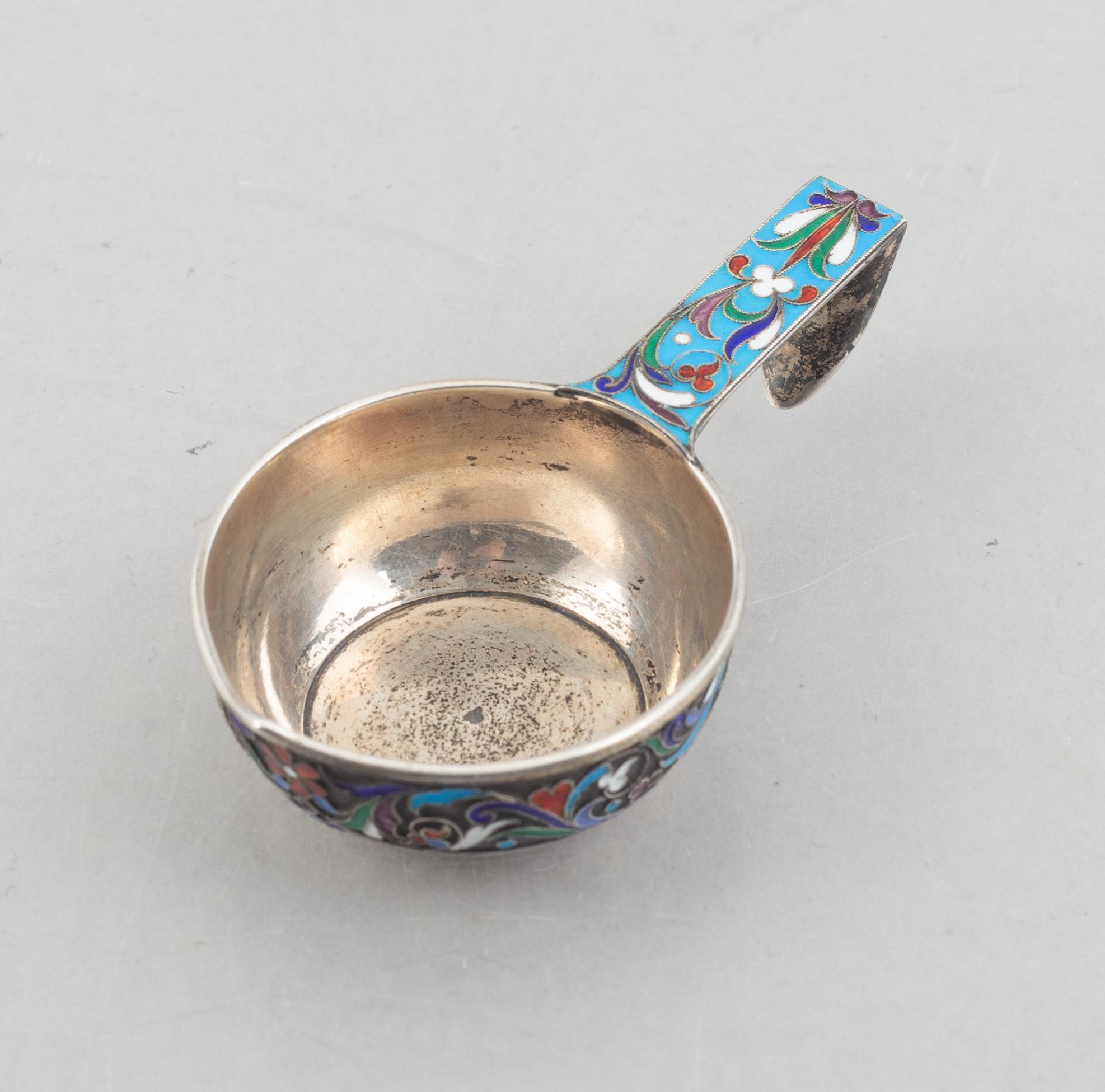 A Russian silver and enamel kovsh, 1896-1908.