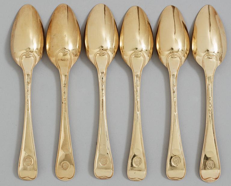 A set of six Swedish 18th century silver-gilt dessert spoons, makers mark of Pehr Zethelius, Stockholm 1783,