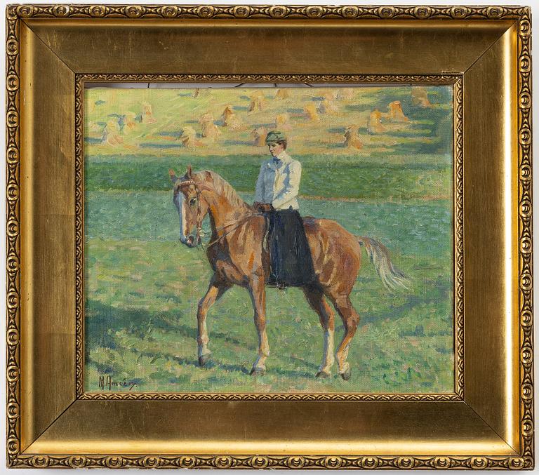 Märta Améen, Ida Leijonhufvud on horseback at Enskede gård.