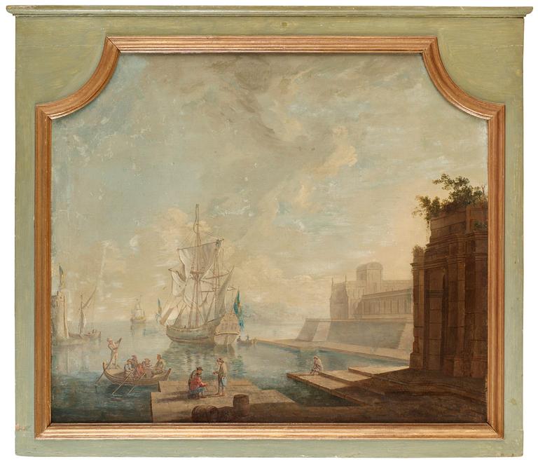 Johan Nils Asplind Tillskriven., Hamnbild med svenskflaggat fartyg.