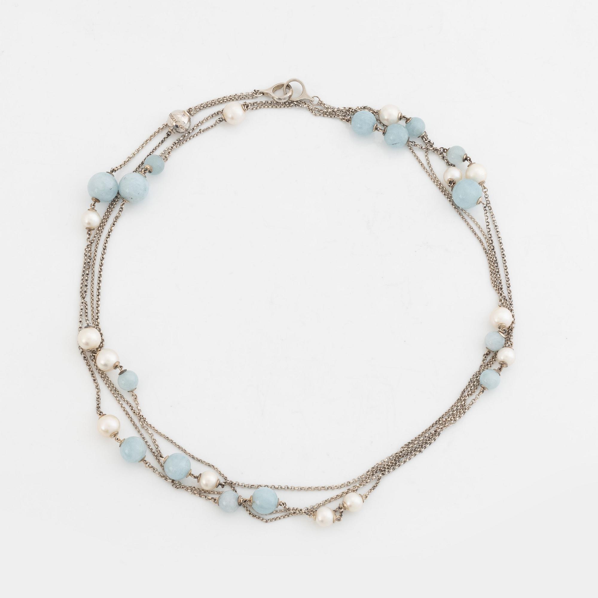 Georg Jensen, cultured pearl and aquamarine silver necklace.