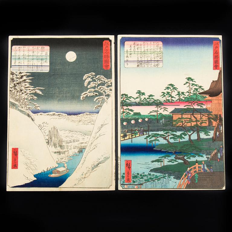 ANDO UTAGAWA HIROSHIGE II, träsnitt, 2 st, Japan, 1800-tal.