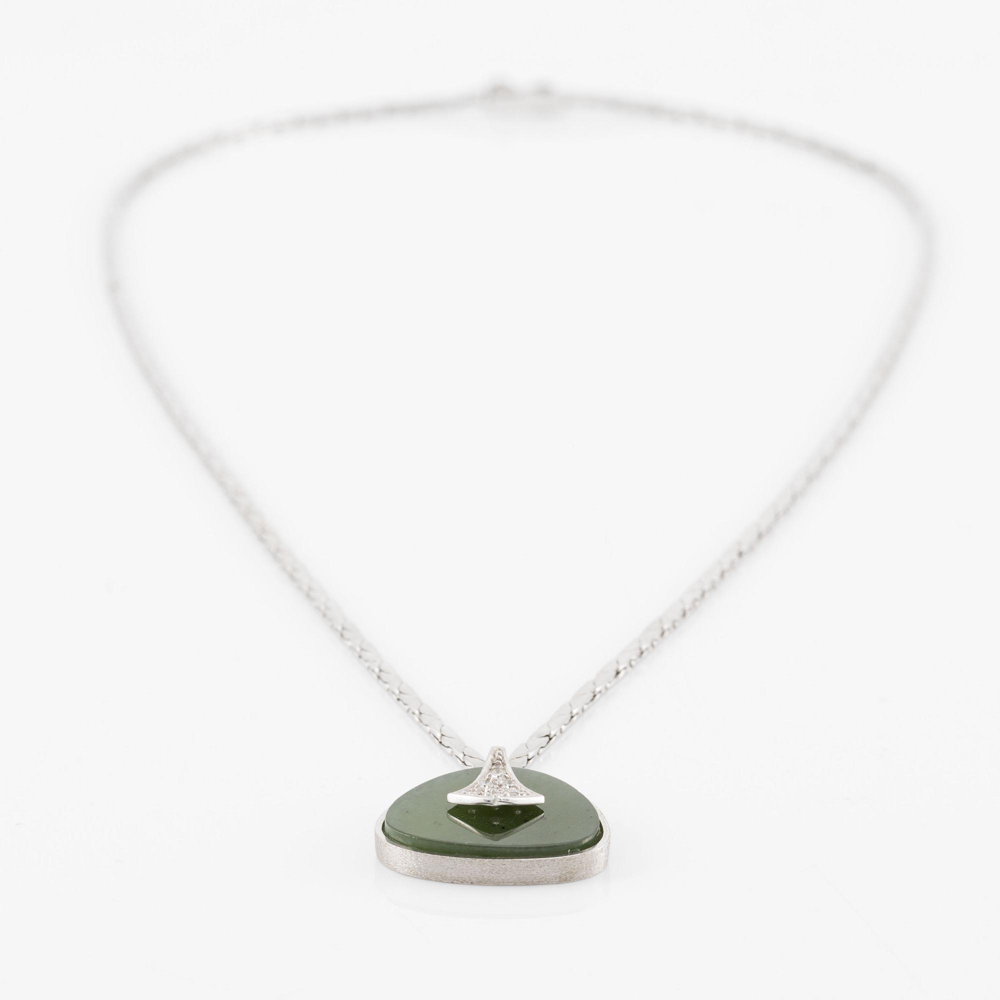 Necklace, 18K white gold with green stone and small octagon-cut diamonds.