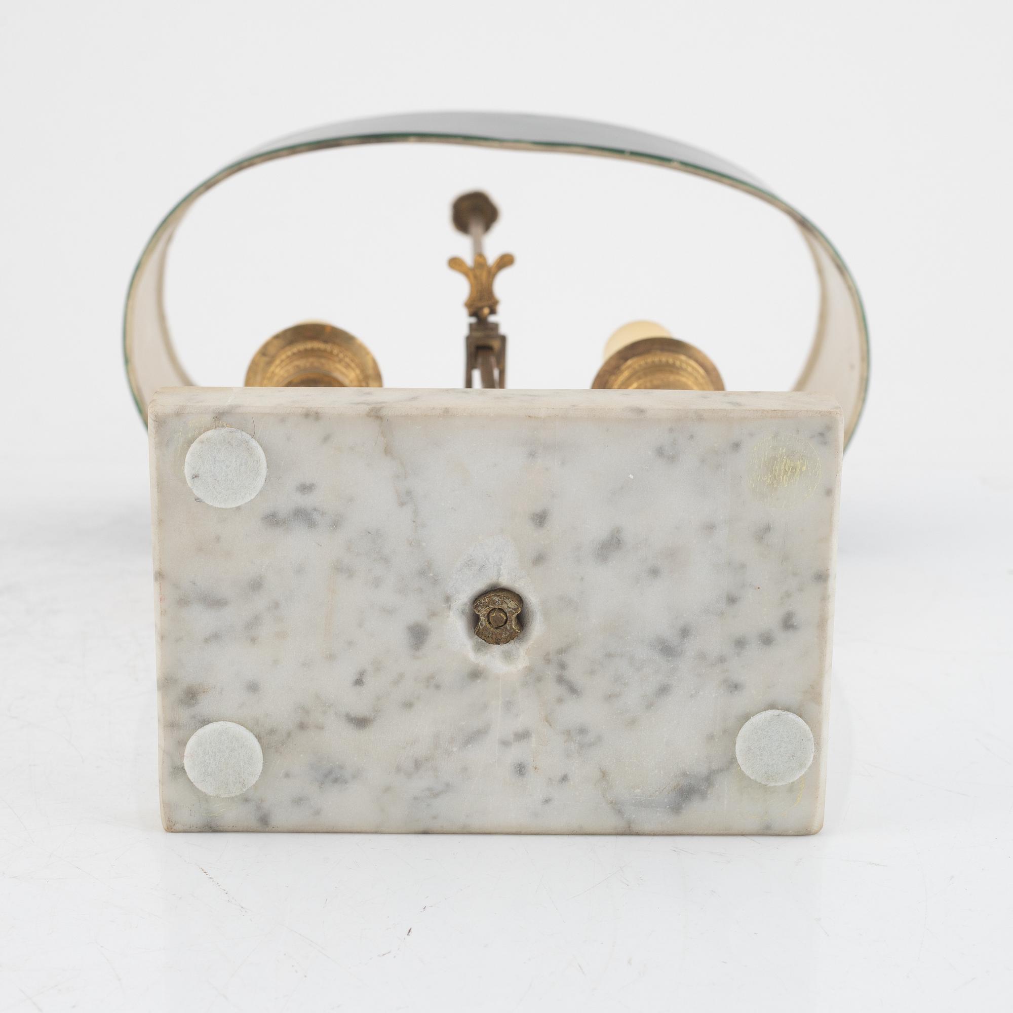 A French Empire ormolu, tôle-peinte and marble two-branch reading light, early 19th century.